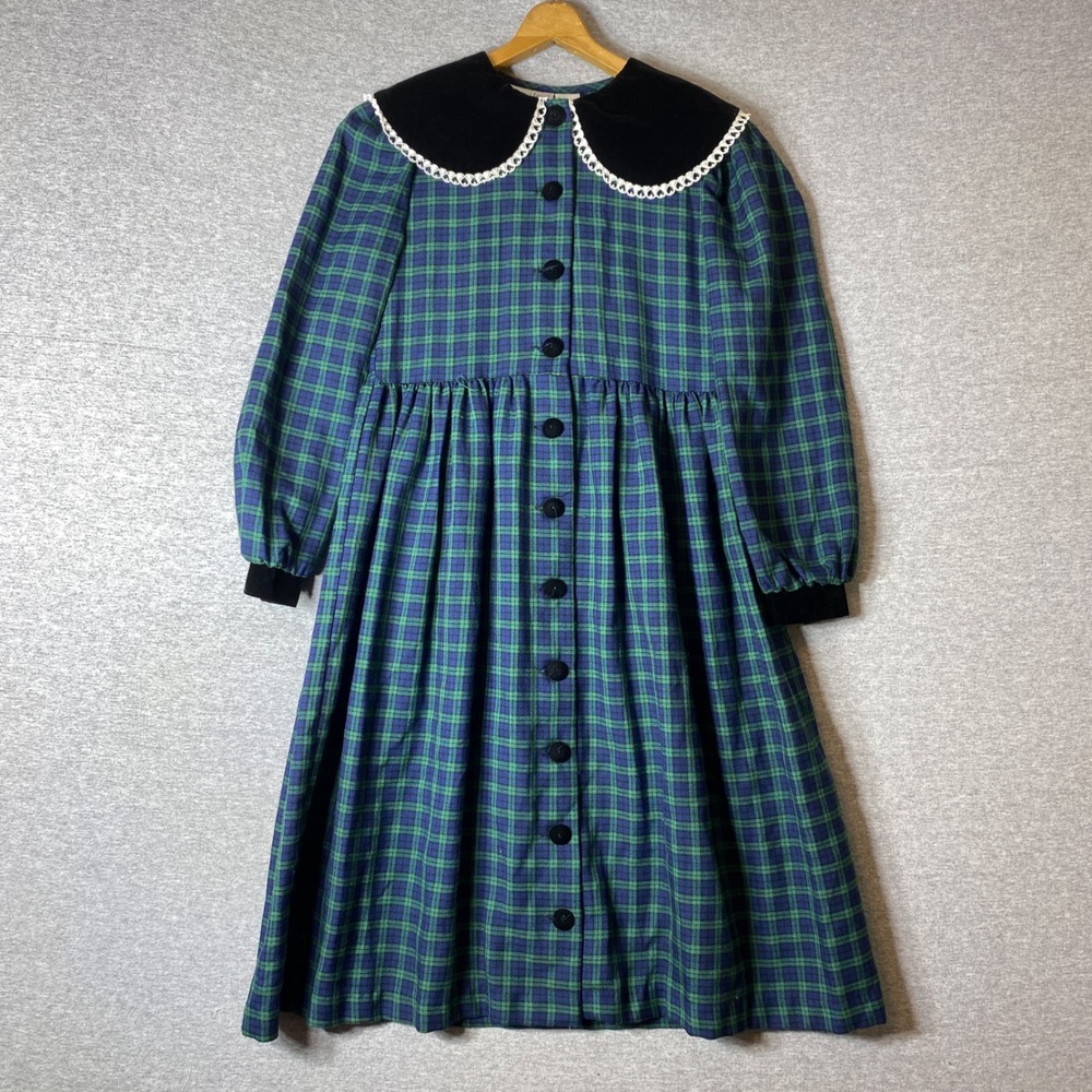 Jessica Leigh Girls Tartan Plaid Dress Green Blue Velvet Collar Lace Size 10